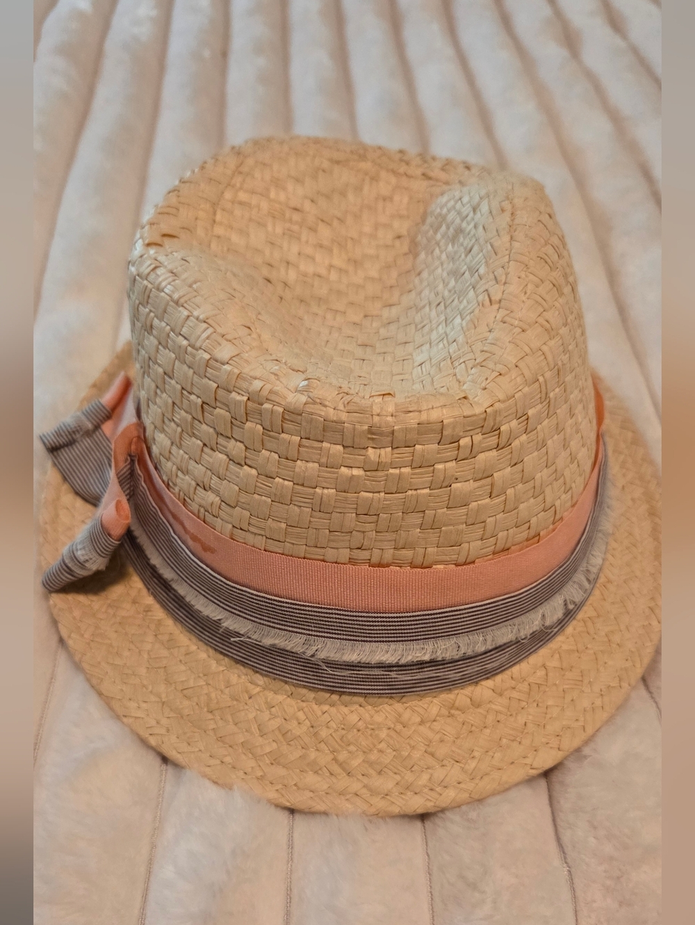 Straw Fedora with Peach & Navy Ribbon Accent